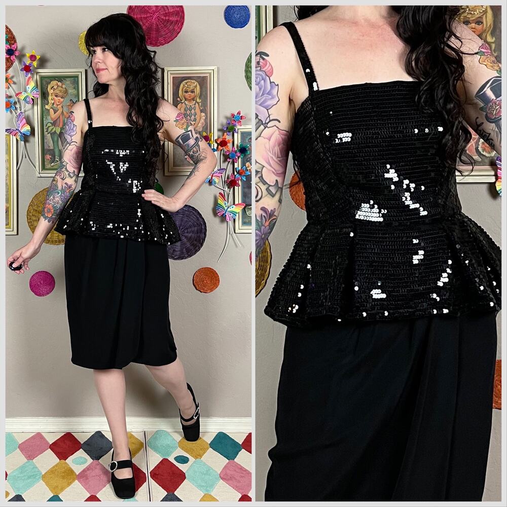 Vintage 1980s Sleeveless Black Sequins Peplum Cocktail Dress